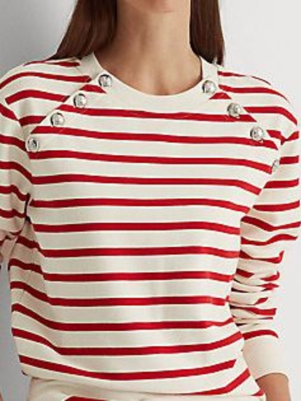 Lauren Ralph Lauren Button Trim Striped Sweatshirt Cream Red Women’s 1X